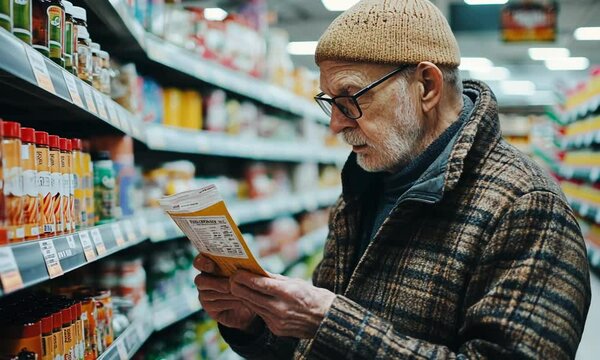 An elderly man examines a product label in a grocery store aisle.