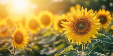 Obraz premium Vibrant sunflowers bloom in a rural field, beautifully illuminated by bright sunlight, showcasing the stunning colors and lively nature of sunflowers in their natural environment.