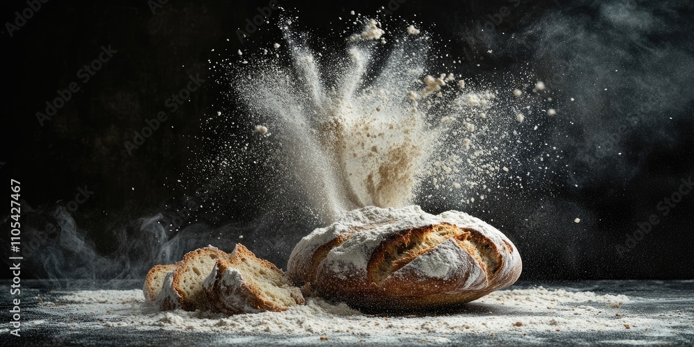 Aufkleber Flour cascading onto a dark table, emphasizing the homemade bread making process. The image captures the essence of flour in the kitchen, showcasing the art of bread preparation beautifully.