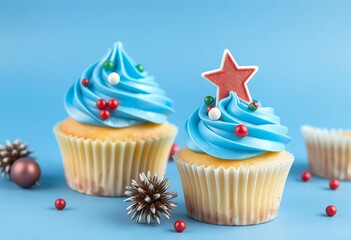 Festive Christmas Cupcakes Blue Frosting Star Sweets