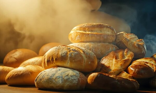 A warm assortment of freshly baked bread loaves piled together, emitting steam.