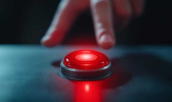Missile launch button encased in glass with a glowing red light and a hand hesitating to press it, symbolizing a nuclear threat decision moment 