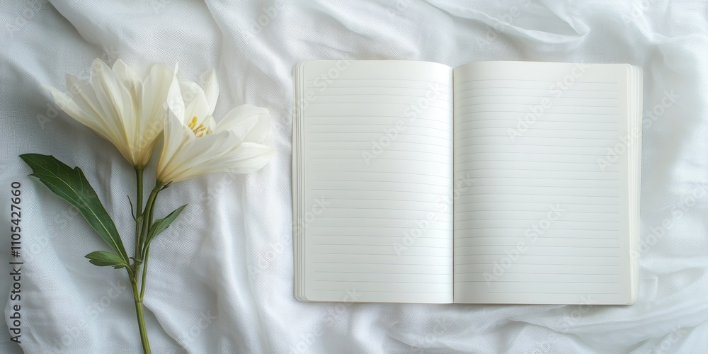 Poster flat lay design featuring a flower and a space copy on a notebook, creating an aesthetically pleasin
