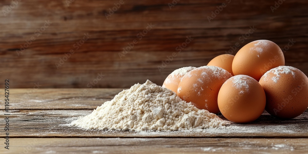 Poster flour and eggs arranged thoughtfully on a rustic wooden background, highlighting the essential ingre