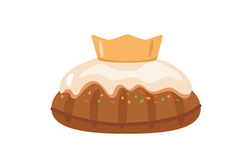 Christmas king cake illustration with crown, icing, and festive sprinkles