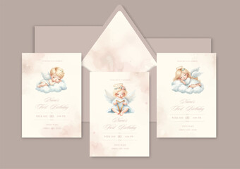 First birthday watercolor Invitation Template card with newborn blond baby angel with wings.