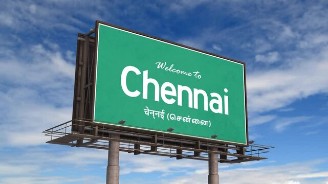 Welcome To Chennai Road Sign. Airplane Landing Chennai Tamil Nadu India.