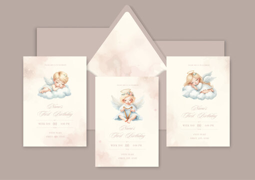 First birthday watercolor Invitation Template card with newborn blond baby angel with wings.
