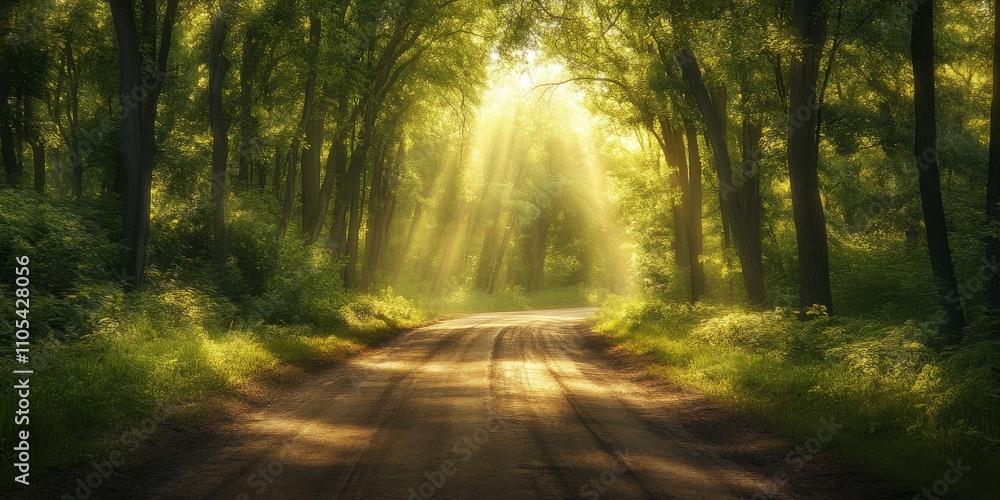 Poster Scenic country road leading into a tranquil forest with sunlight filtering through the trees, creating a serene atmosphere on the country road surrounded by nature.