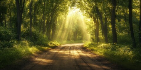 Fototapeta premium Scenic country road leading into a tranquil forest with sunlight filtering through the trees, creating a serene atmosphere on the country road surrounded by nature.