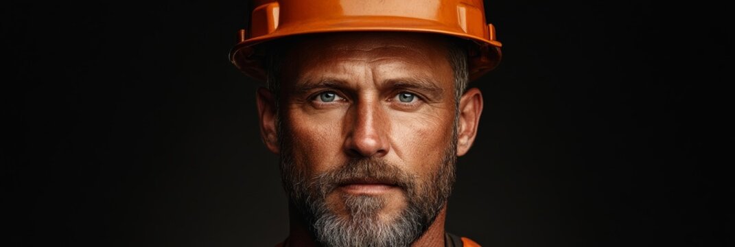 Portrait of a beardless 50-year-old miner in helmet; use earthy tones 