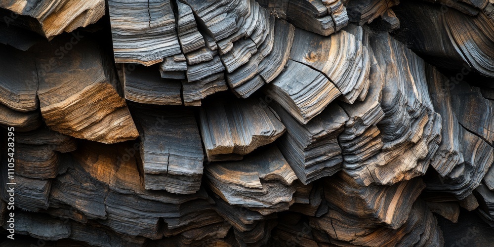 Aufkleber close up image showcasing a detailed stack of wood, highlighting the textures and colors found in th