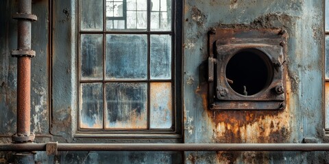 Window overlooking an antique furnace, showcasing the intricate details of the old furnace design. This window provides a glimpse into the craftsmanship of the old furnace s structure.