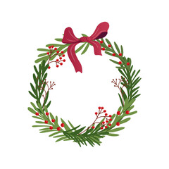 Christmas wreath with red bow and festive berries illustration