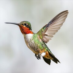 Male Ruby throated hummingbird flying.