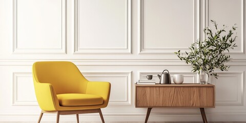 Yellow armchair beside a wooden table featuring a kettle, enhancing the living room interior, complemented by ample copy space on a white molding wall, perfect for creative designs.