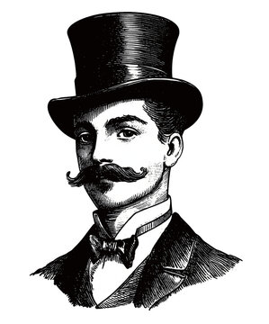 vintage moustache man portait illustration with hat on transparent background