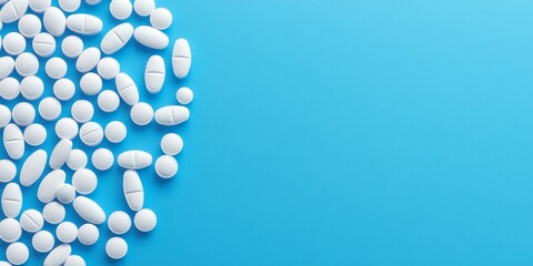 Tablets and pills arranged on a blue background highlight the concept of medicine and drugs, offering a clear view and ample copy space for educational or promotional purposes.