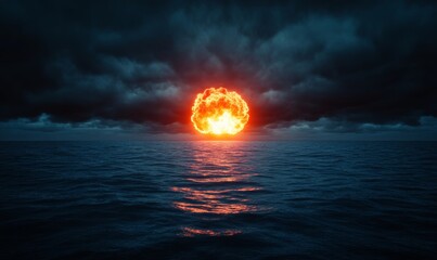 Silent nuclear detonation over a vast ocean, with orange fireball reflecting on the water and dark clouds rising to engulf the horizon 