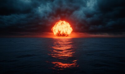 Silent nuclear detonation over a vast ocean, with orange fireball reflecting on the water and dark clouds rising to engulf the horizon 