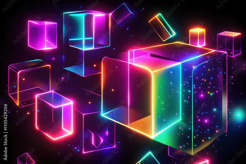 Poster abstract illustration of colorful neon geometric shapes in cyberspace. colorful glowing cubes float 