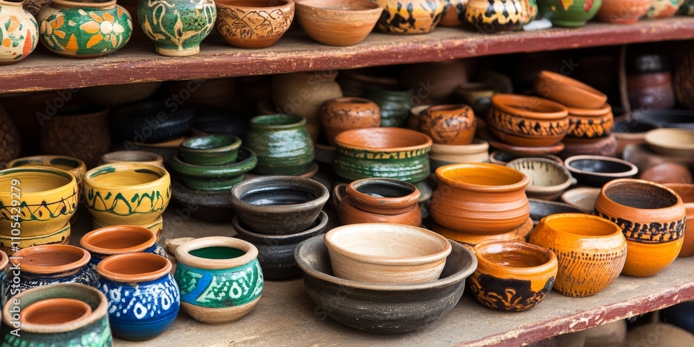 Poster handcrafted earthenware displayed for sale in a vibrant market bazaar, highlighting the beauty and u