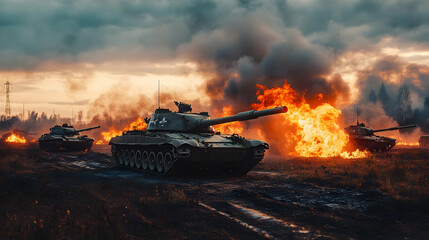 Fiery Tank Battle:  Armored Vehicles Engage in a Dramatic Clash Under a Smoky Sky