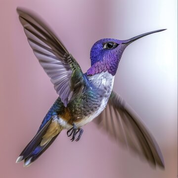 Violet sabrewing hummingbird in motion with blurred wings and tail