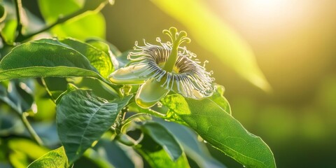 Obraz premium Passion fruit flower blooming on a passion fruit plant, showcasing the unique beauty and intricate details of the passion fruit flower in a natural environment.
