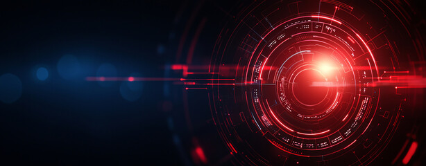 Fototapeta premium futuristic digital interface with glowing red circular elements and highlighted intersections on dark background, creating high tech and dynamic visual effect