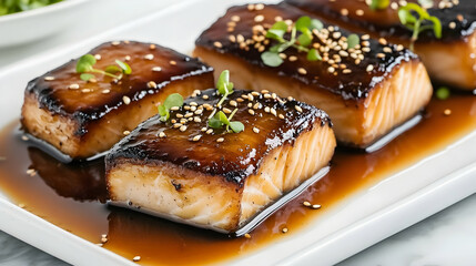 Fototapeta premium Miso Black Cod with Pickled Daikon and Dashi Broth, Japanese Fine Dining Photography