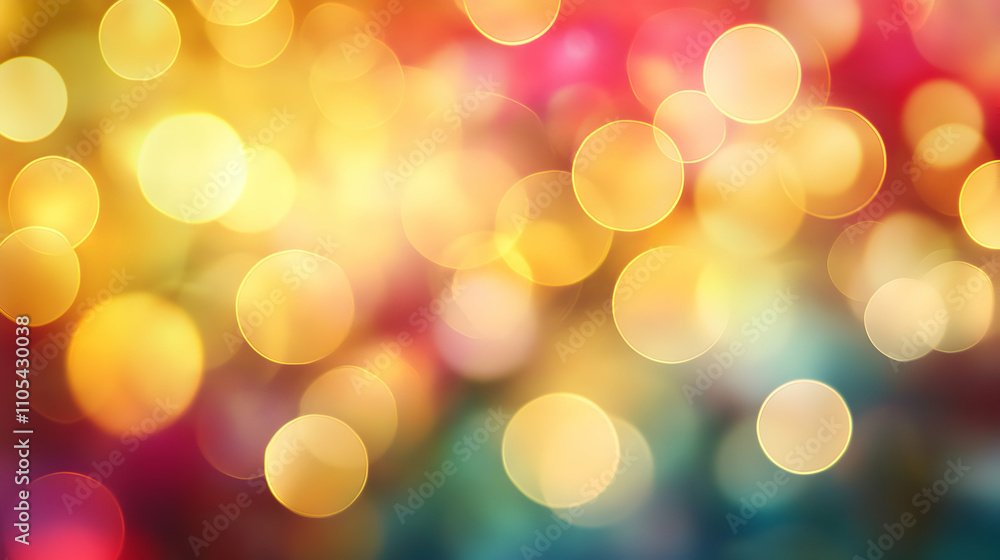 Poster abstract bokeh background with golden and red circles blurs in a colorful and festive design