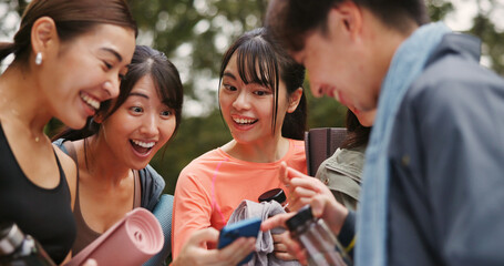 Fitness, surprise and people with smartphone, online and research for poses and videos with...