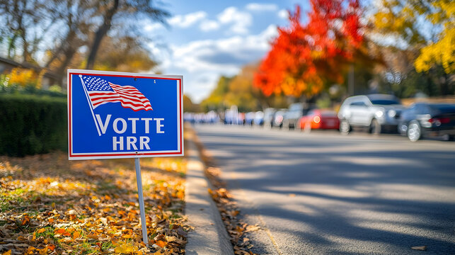 A Blue and White Sign with American Flag and Text Vote HRR Stands on Curb, Surrounded by Fallen Autumn Leaves, Road with Cars in Background