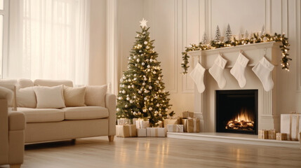 Fototapeta premium Cozy living room with Christmas tree and fireplace, perfect for holidays