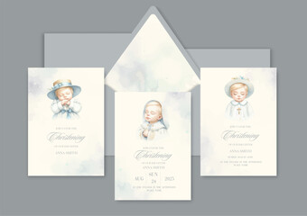 Watercolor Invitation Template card with newborn blond baby sacrament of baptism.