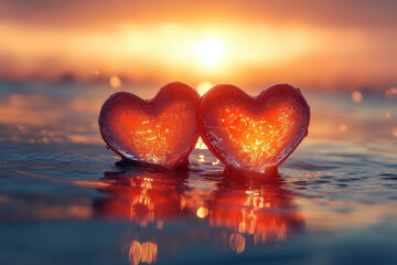 Two hearts rest on the water in the sunset light, creating a romantic atmosphere.