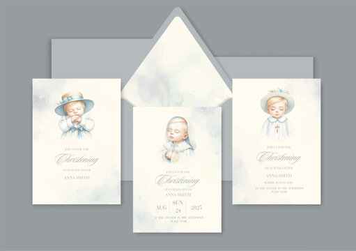 Watercolor Invitation Template card with newborn blond baby sacrament of baptism.