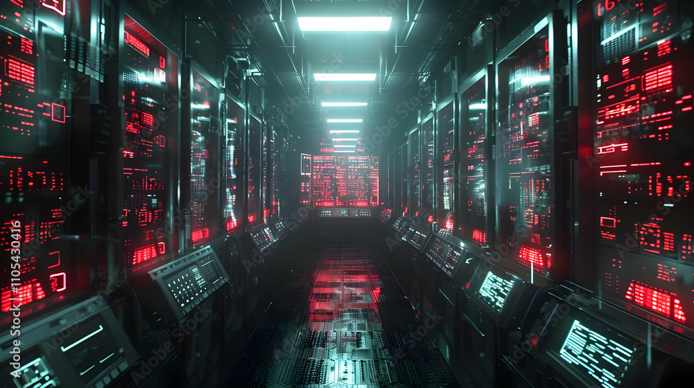 Poster futuristic server room: a 3d render of a dark, neon-lit corridor filled with advanced data processin