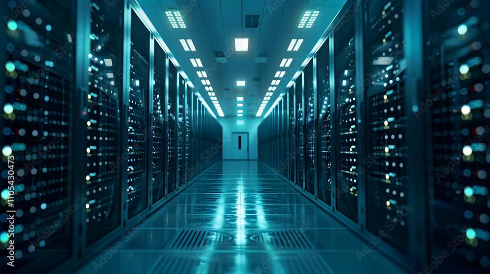 Poster digital servers illuminate a modern data center corridor, highlighting technological advancement in 
