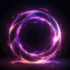 Obraz premium Abstract neon energy sphere of particles and waves of magical glowing on a dark background, circle and loop frames with magic purple and pink flame and sparks