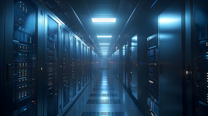 Fototapeta premium 3D Render of a Futuristic Server Room Corridor with Illuminated Racks, showcasing advanced technology infrastructure.