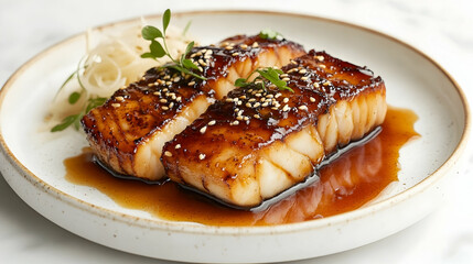 Miso Black Cod with Pickled Daikon and Dashi Broth, Japanese Fine Dining Photography