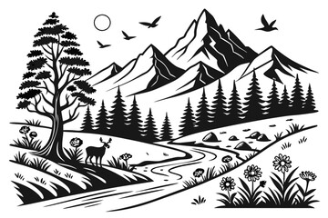 Fototapeta premium Scenic Nature Landscape Coloring Pages with Intricate Details