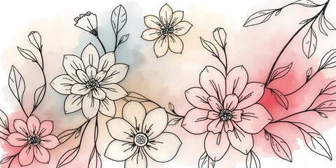 Delicate floral watercolor design with black line art flowers.