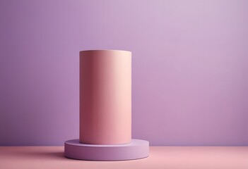 A single pastel pink cylindrical podium on a soft lavender background, illuminated by warm light, Ai Generated