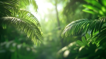 Fototapeta premium Lush Photorealistic Jungle Scene with Vibrant Green Leaves and Soft Natural Light