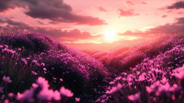Serene lavender field under a pastel twilight sky, ideal for calm and beautiful nature-themed visuals