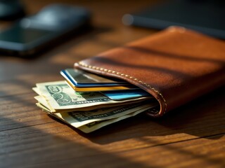Leather wallet overflowing with us dollar banknotes and credit cards on wooden table
