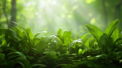 Obraz premium Lush Green Foliage in Sunlit Forest with Vibrant Leaves and Gentle Light Streaming Through Trees